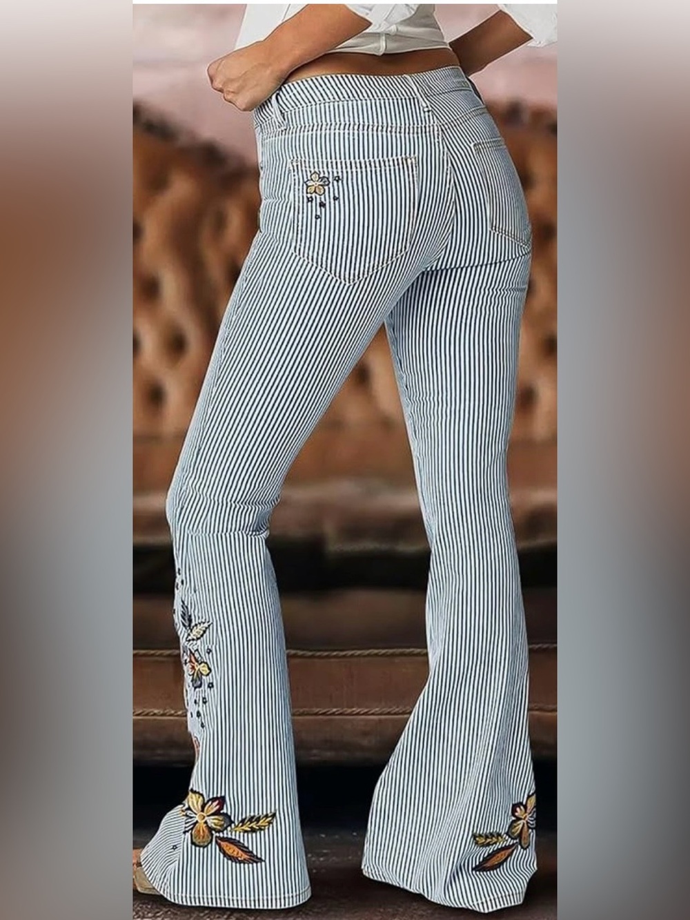 Flamingals Mid Rise Embroidered Floral Striped Bootcut Jeans Size 3X 16-18 NWT